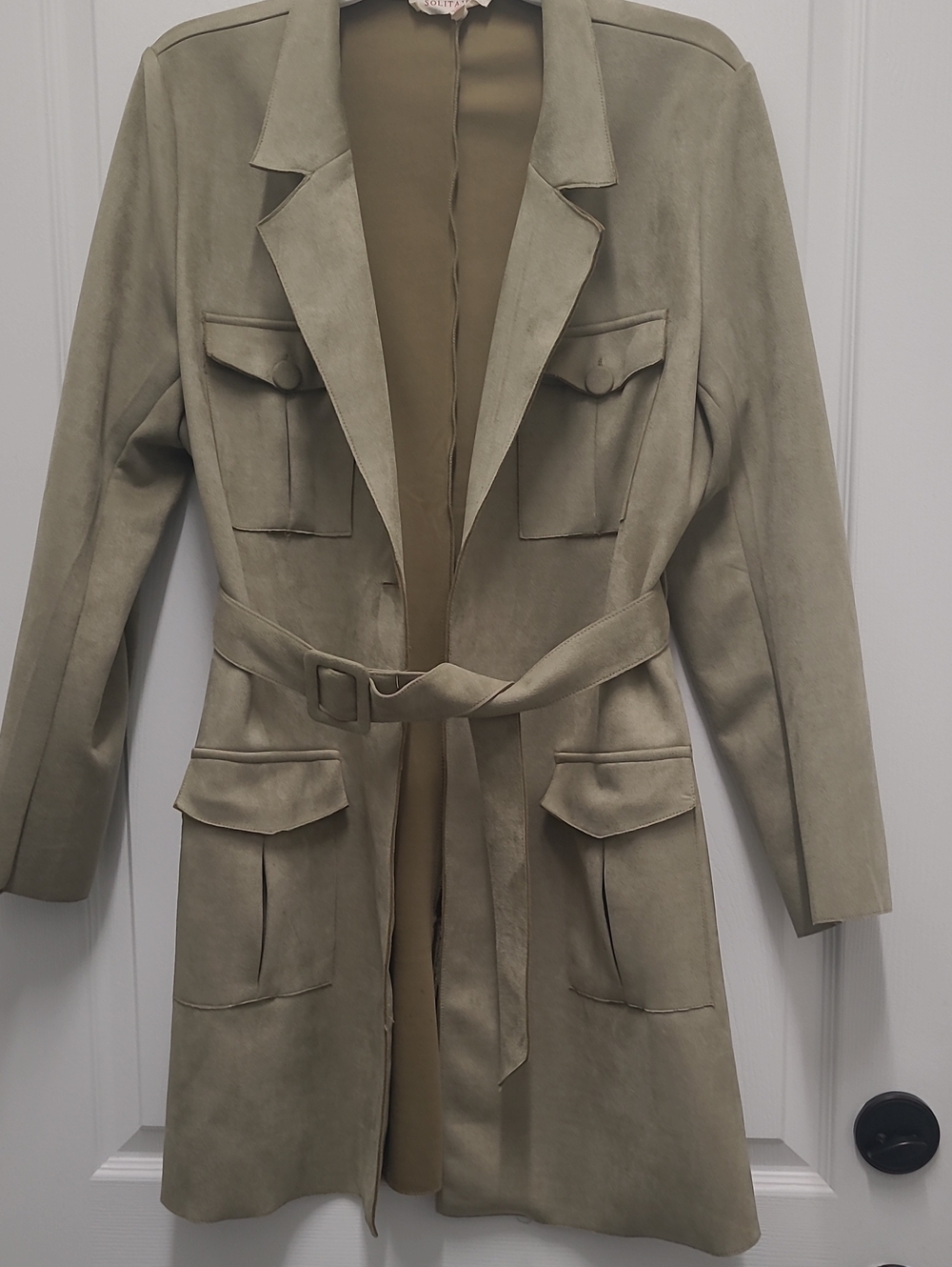Solitaire Olive Green Suede Trench Coat with Belt